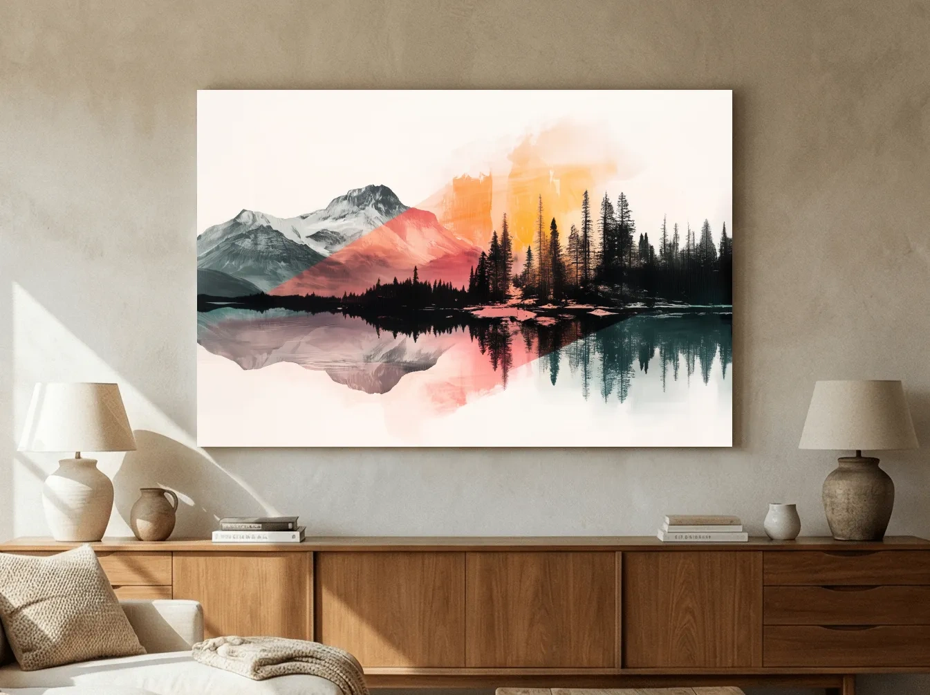 Abstract Alpine Lake Reflection Painting - Modern Watercolor Forest Landscape Wall Art