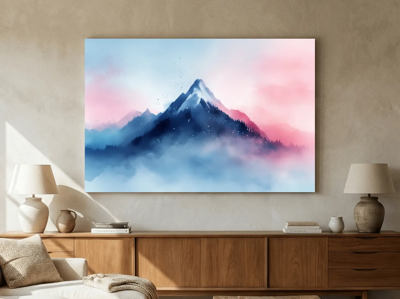 Misty Pastel Watercolor Mountain Peak - Dreamy Alpine Landscape Wall Art