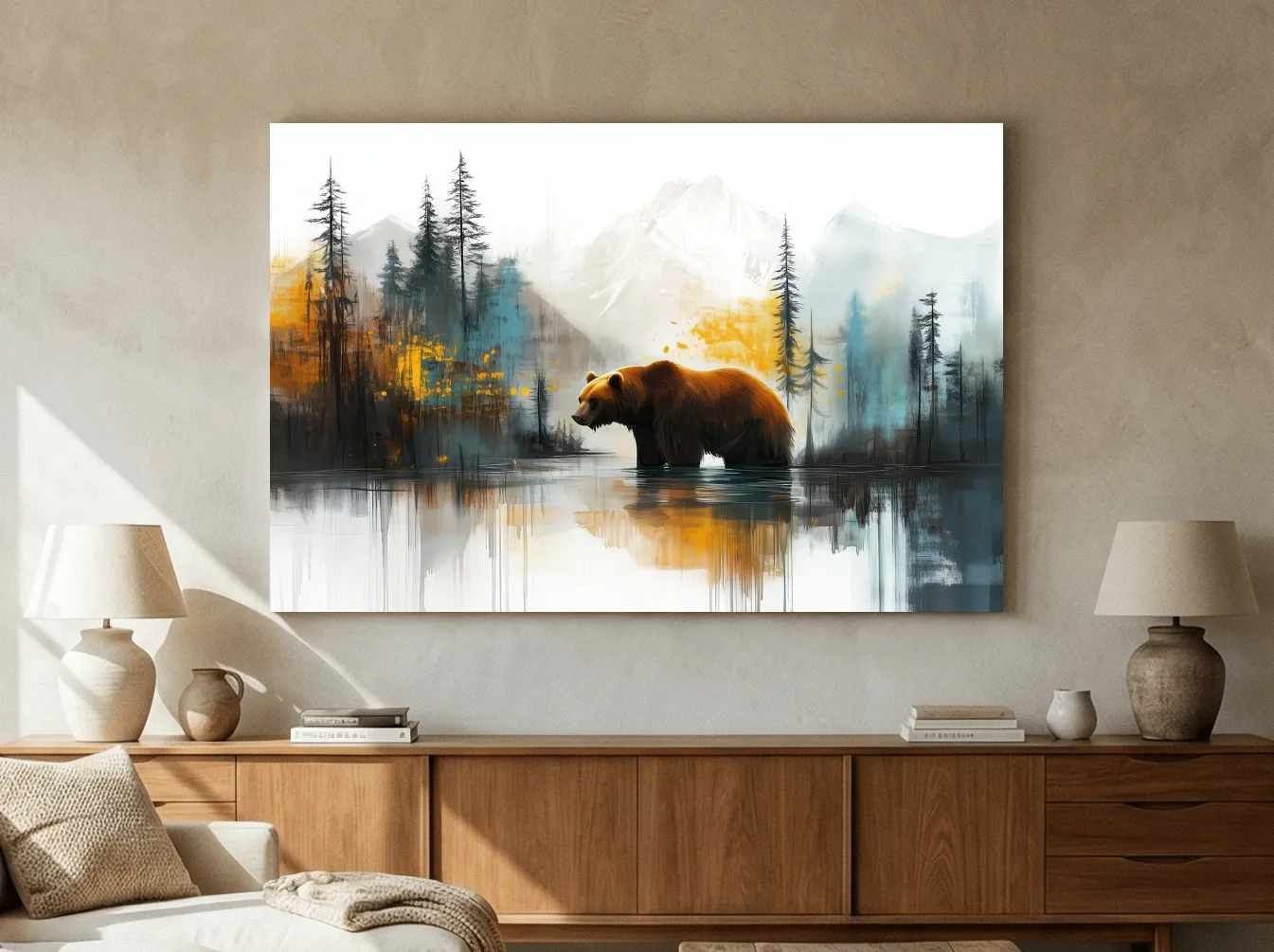Grizzly Bear Lake Reflection - Misty Mountain Forest Watercolor Style Artwork