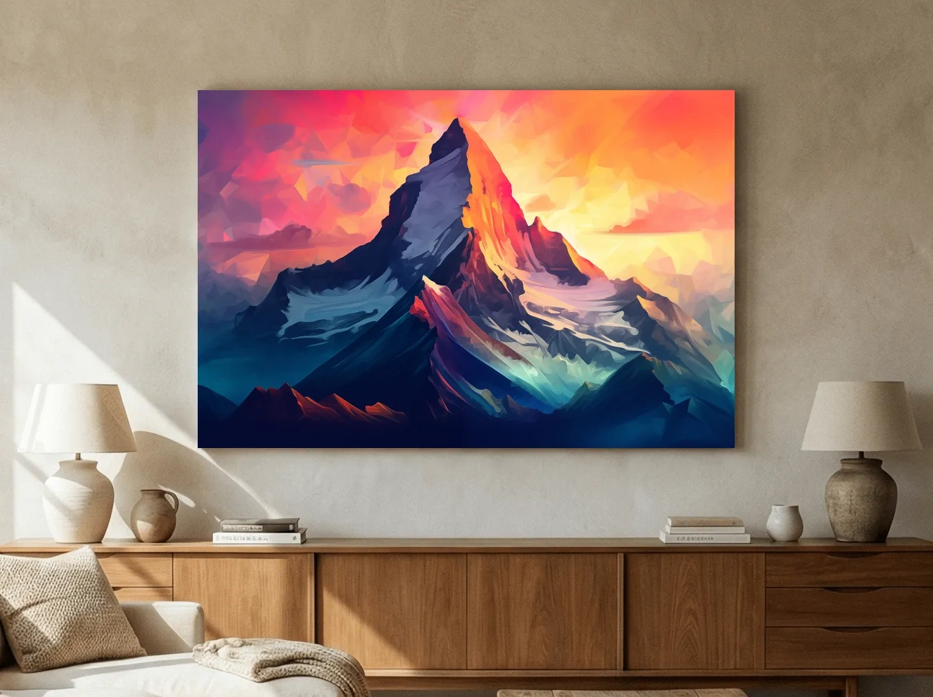 Vibrant Geometric Alpine Peak Sunrise - Modern Abstract Mountain Wall Art
