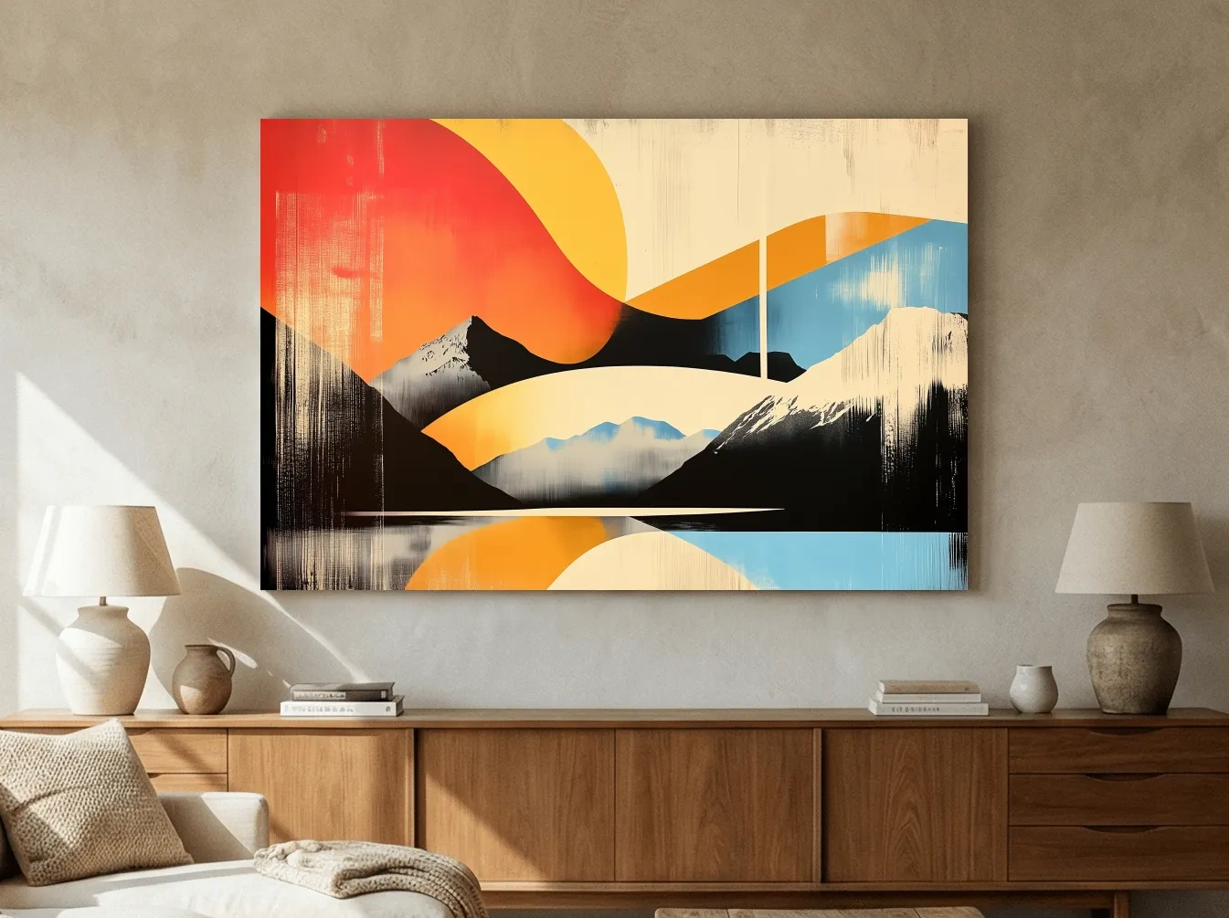 Geometric retro mountain poster artwork, dynamic abstract style