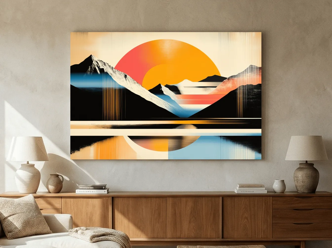 Retro Abstract Alpine Lake Sunset Artwork - Geometric Landscape Wall Art