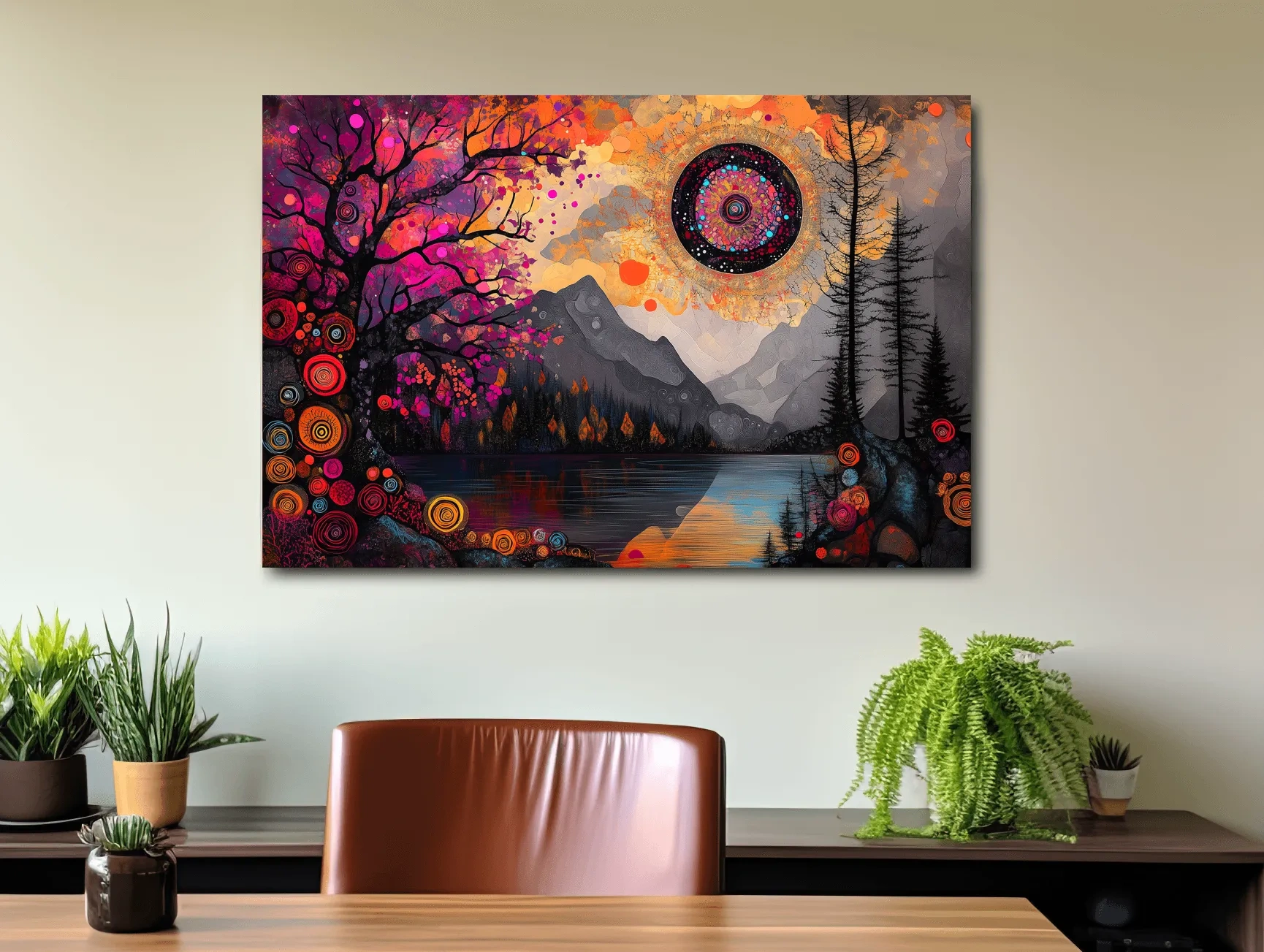 Psychedelic Mountain Lake Sunset Mandala - Vibrant Surreal Landscape Wall Art