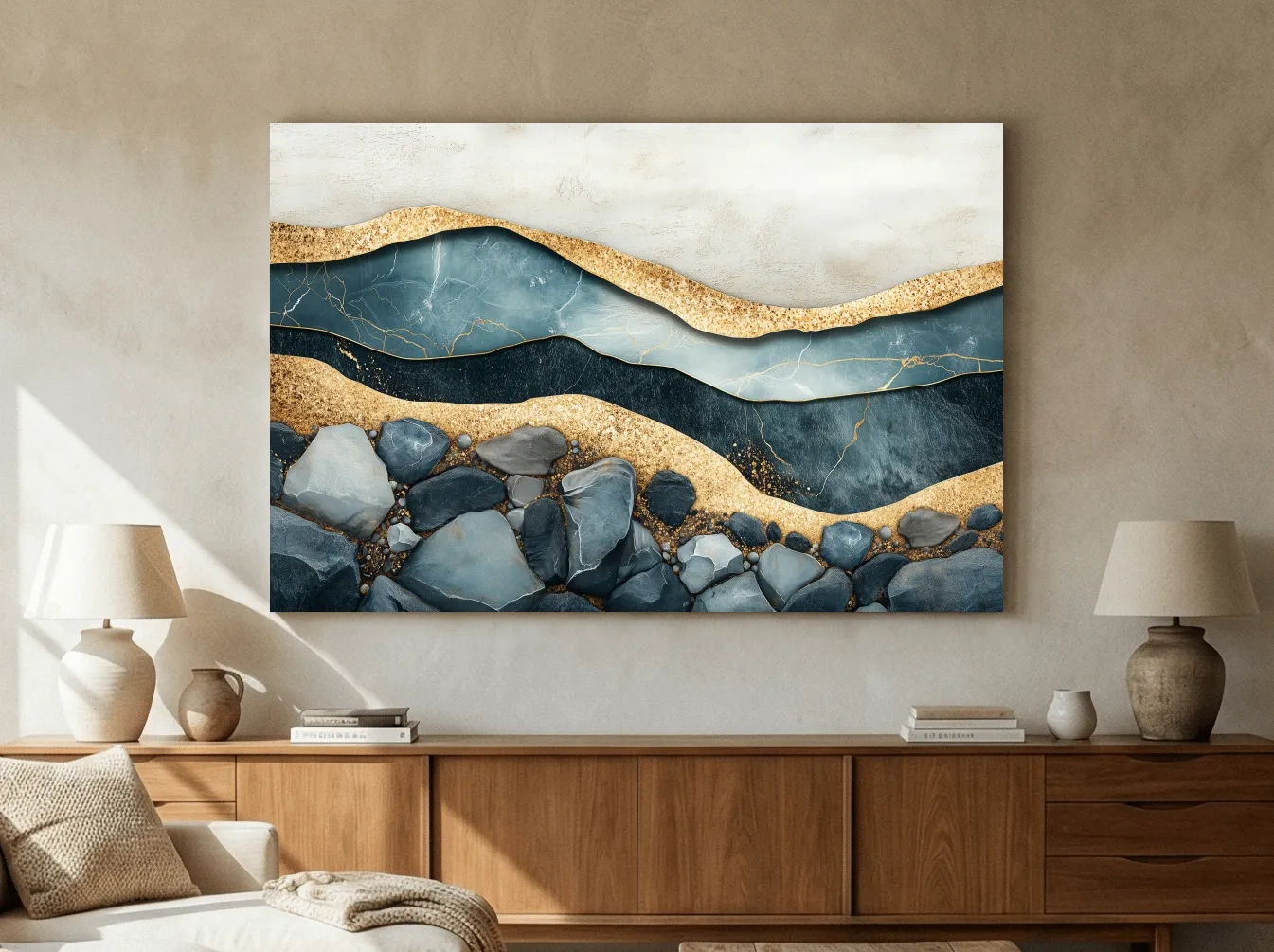 Luxury Teal Gold Marble Geode Layers - Modern River Rock Wall Art