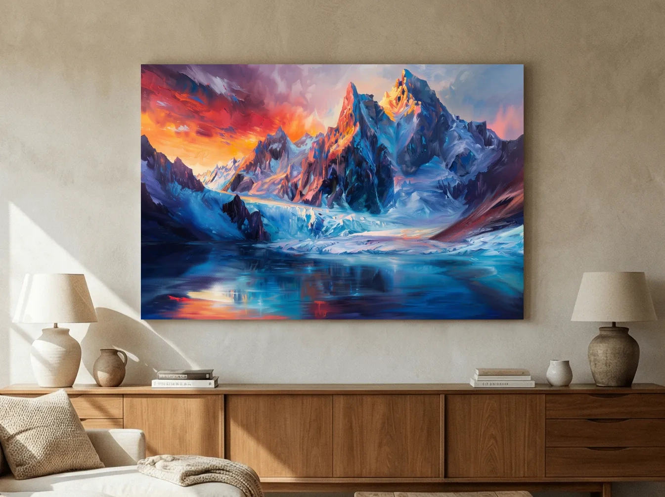 Vibrant Glacial Sunset Impressionism Painting - Dramatic Alpine Mountain Wall Art