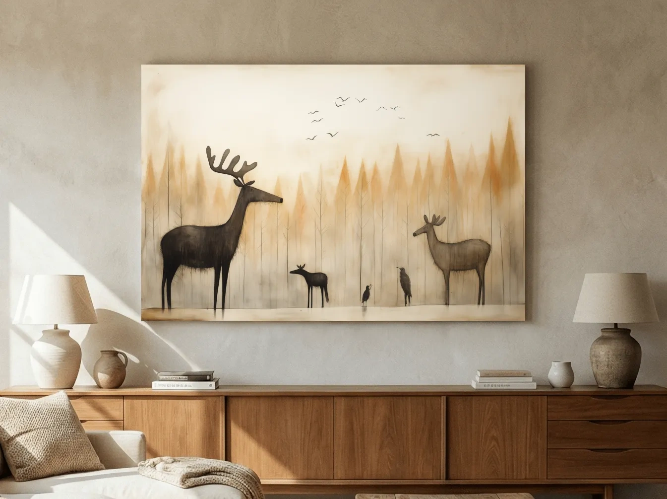 Minimalist Woodland Deer Family Illustration - Scandinavian Nursery Forest Wall Art