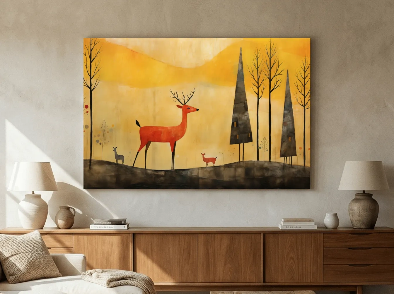 Whimsical Deer Forest Illustration - Autumn Woodland Landscape Wall Art