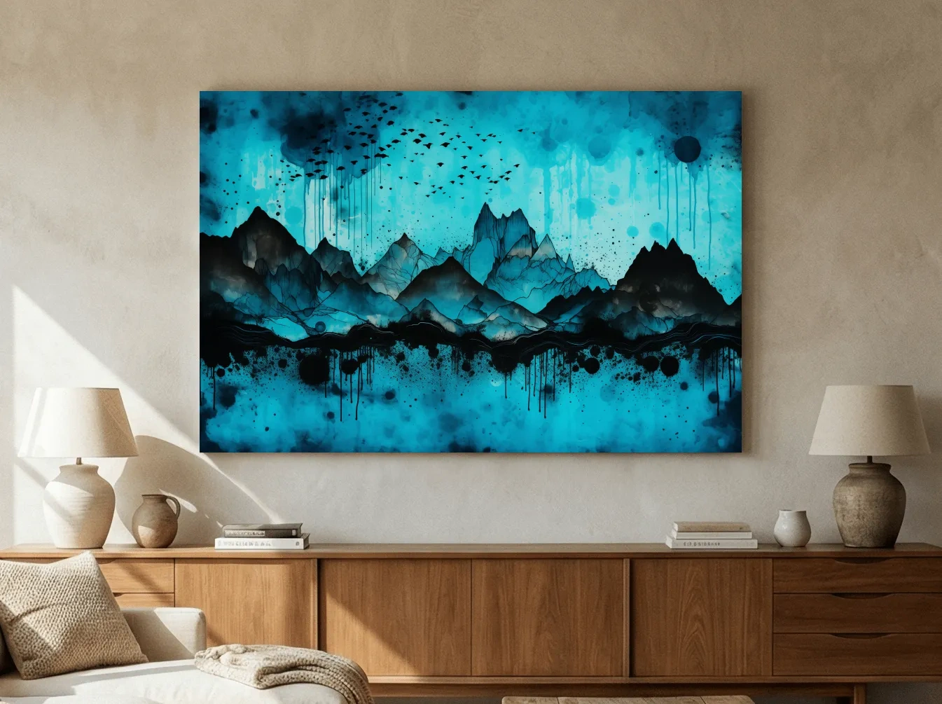Ink Wash Mountain Range Artwork - Moody Abstract Watercolor Wall Art