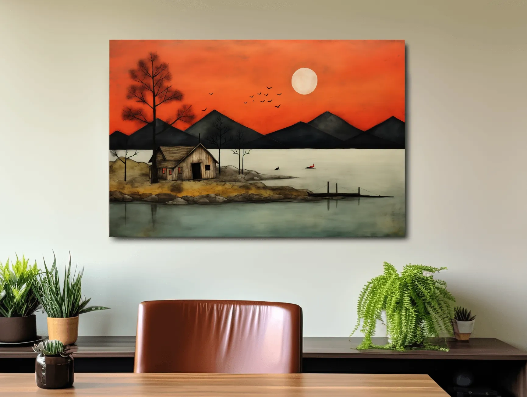 Rustic Lakeside Cabin Sunset Painting - Mountain Wall Art