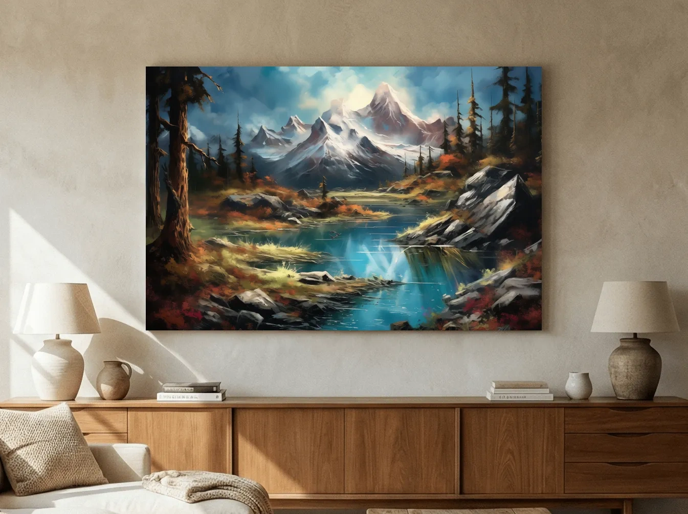 Serene alpine lake and snow-capped mountains wall artwork, vibrant scenic painting