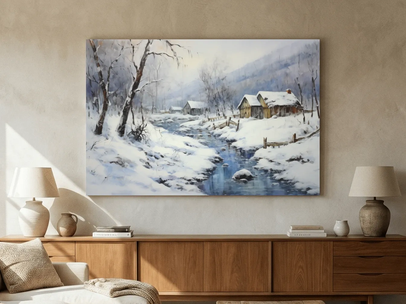 Snowy Winter Cabin Stream Landscape - Serene Rustic Wall Art