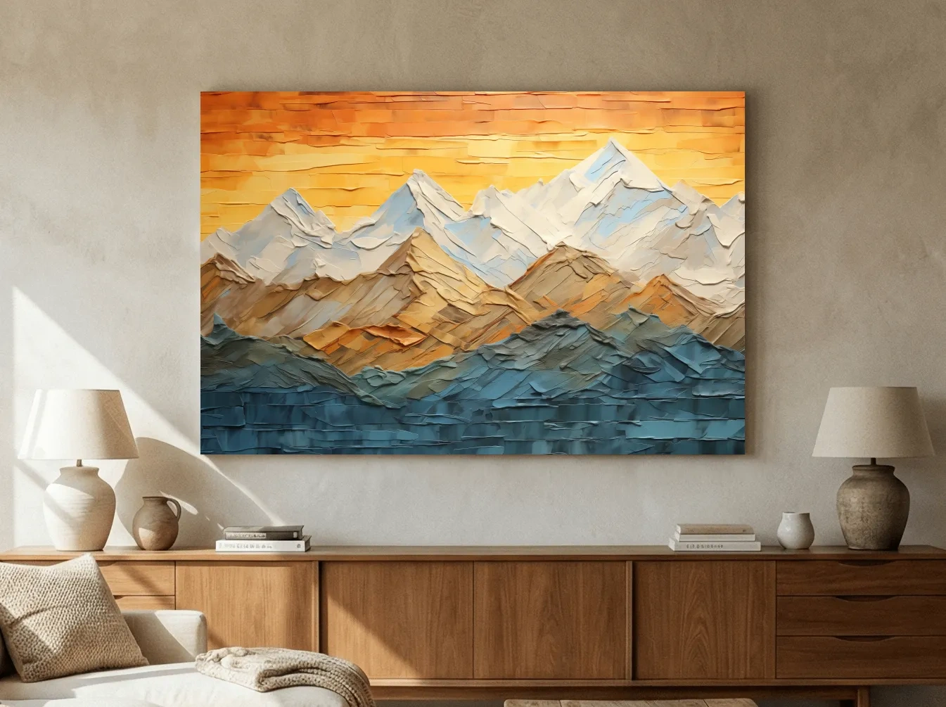 Impasto Style Mountain Range Sunset - Pallet Knife Painting Effect Wall Art
