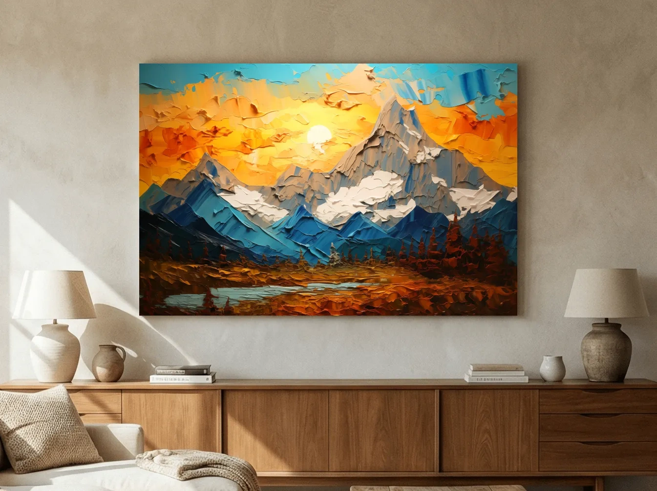 Palette Knife Style Mountain Sunset Painting - Vibrant Abstract Alpine Artwork