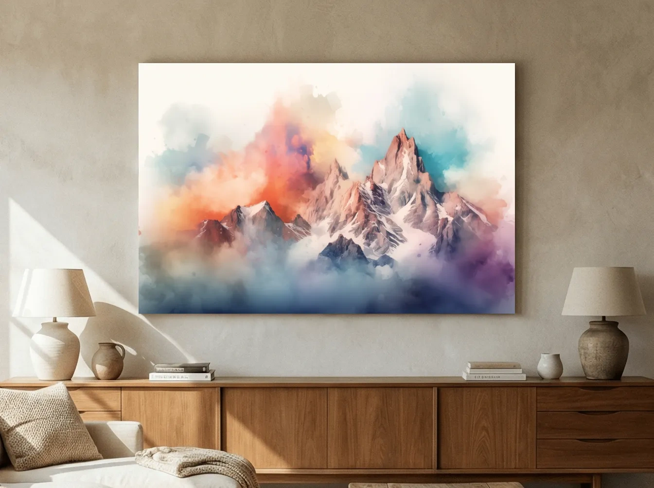 Vibrant Watercolor Alpine Mountain Peaks - Colorful Misty Artwork