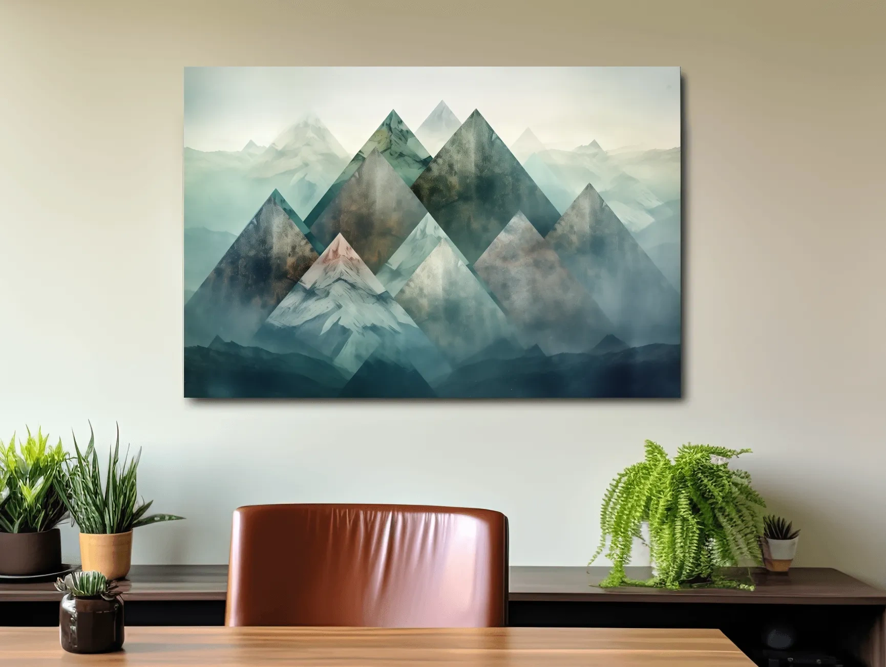 Mystical mountain landscape artwork, layered geometric peaks in misty hues