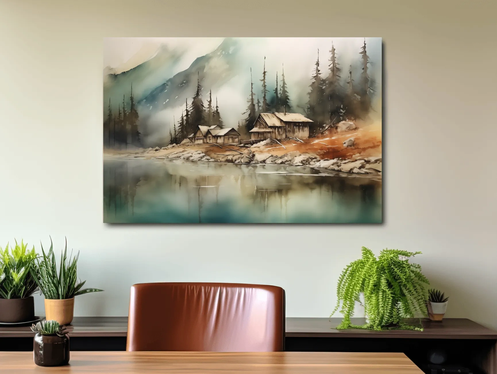 Rustic alpine mountain lake cabins, watercolor style landscape wall art