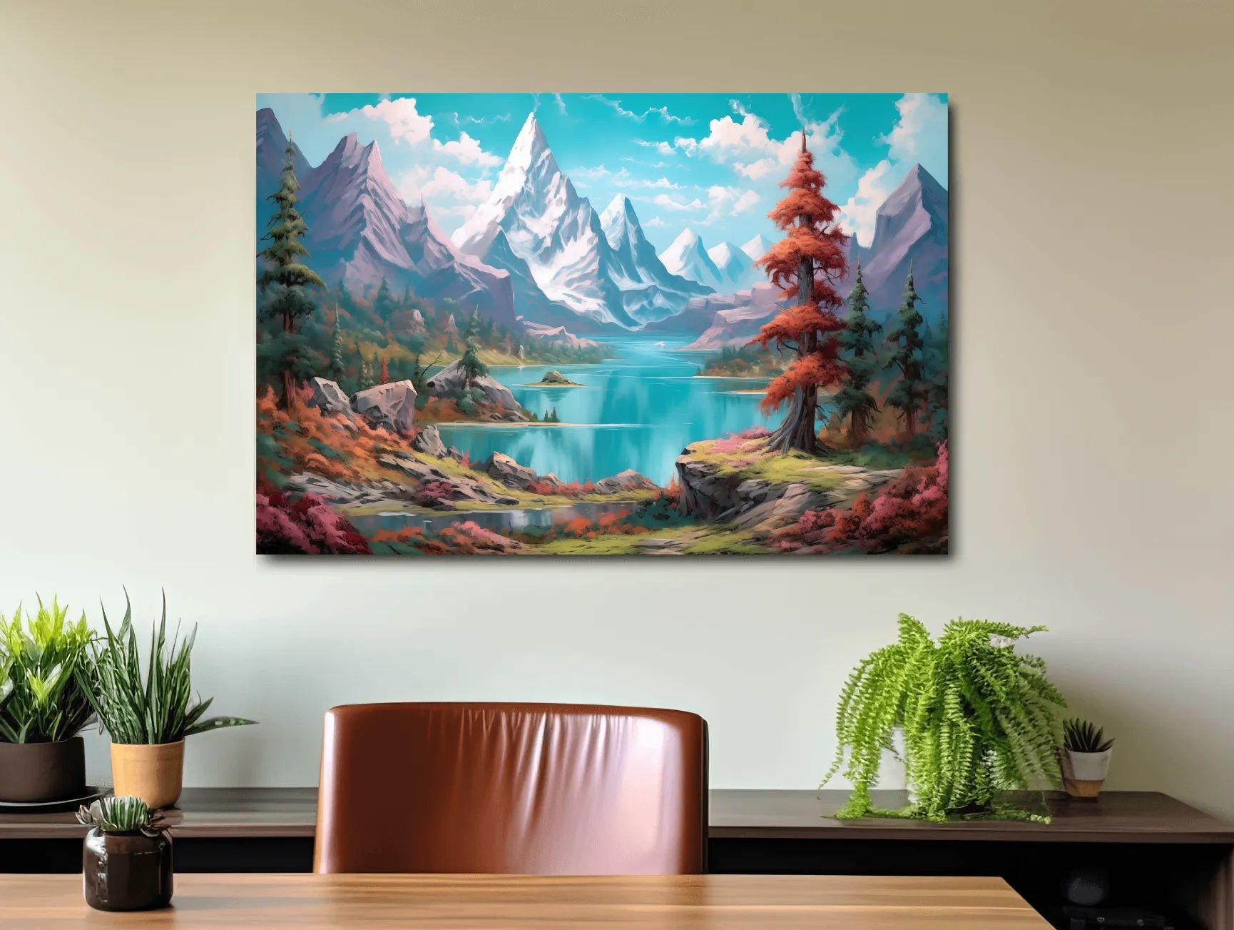 Vibrant Fantasy Alpine Lake Mountains - Surreal Colorful Artwork