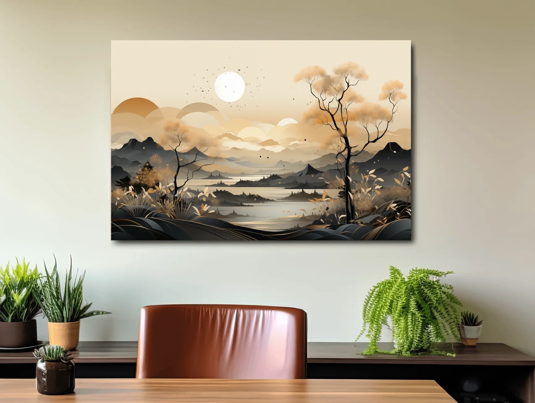 Japandi Misty Mountain Lake Landscape - Boho Wall Artwork