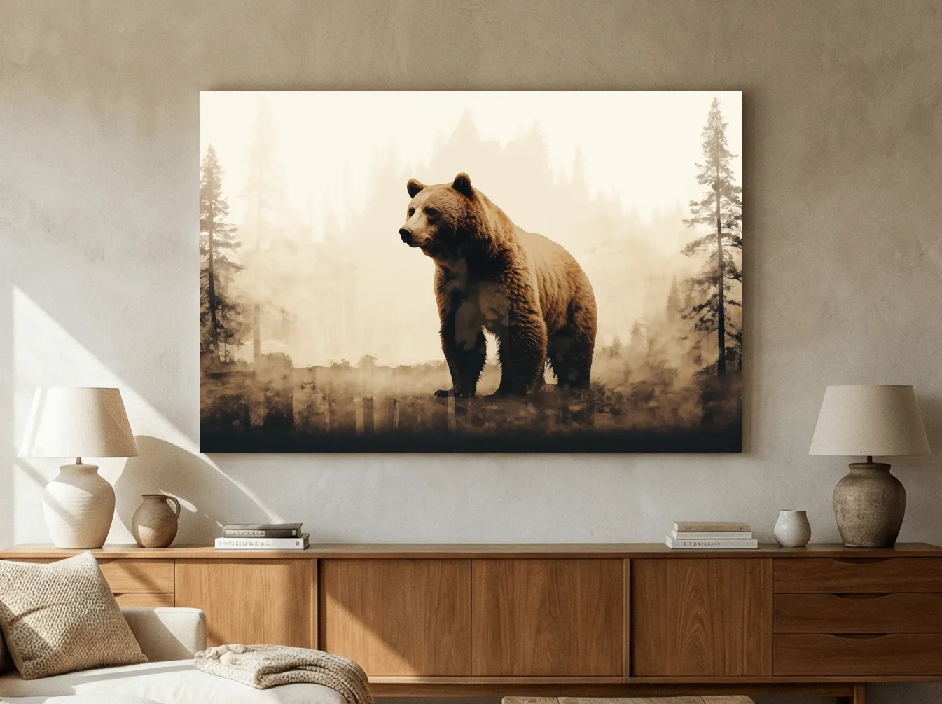 Grizzly bear in the forest, double exposure sepia photography artwork