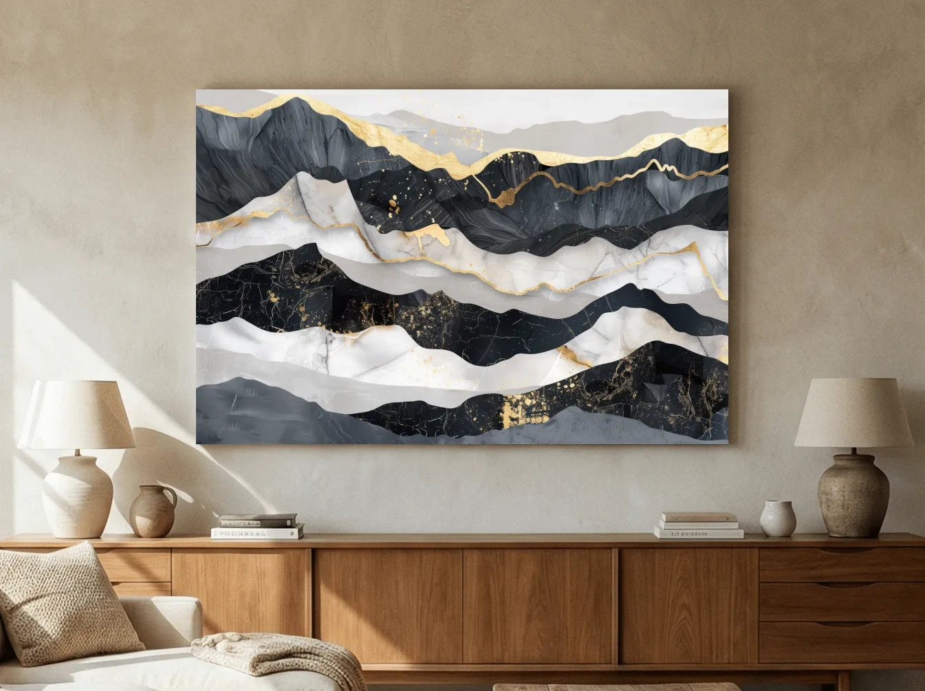Abstract Black Marble Mountain Layers - Modern Elegant Gold Foil Landscape Wall Art