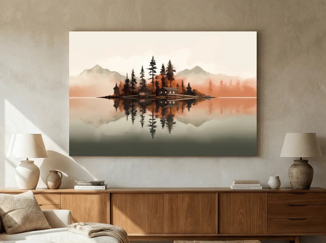 Minimalist Misty Lake Cabin Reflection - Autumn Mountain Landscape Wall Art