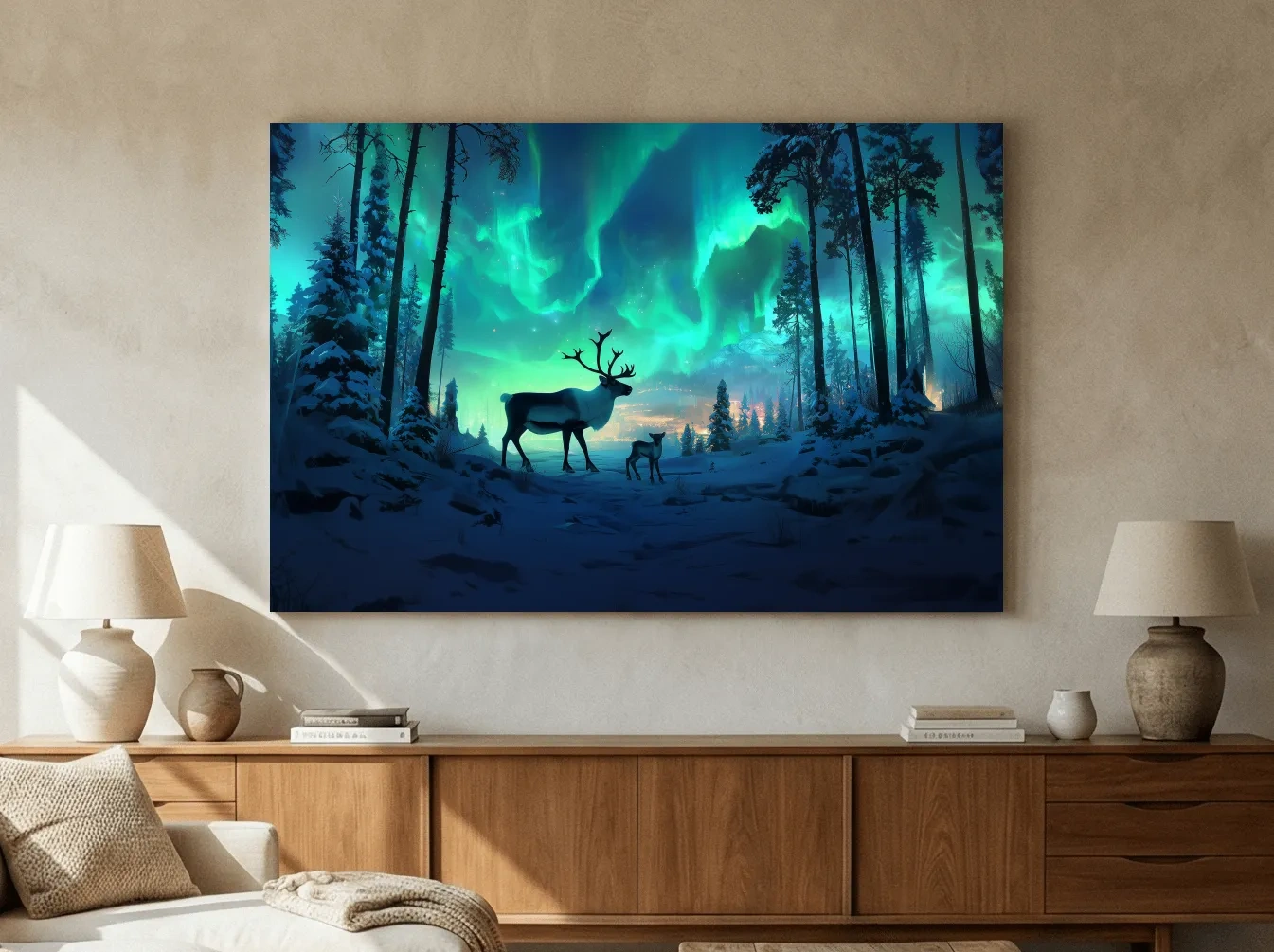 Caribou Buck Under Aurora Borealis Winter Scene - Fantasy Northern Lights Forest Wall Art