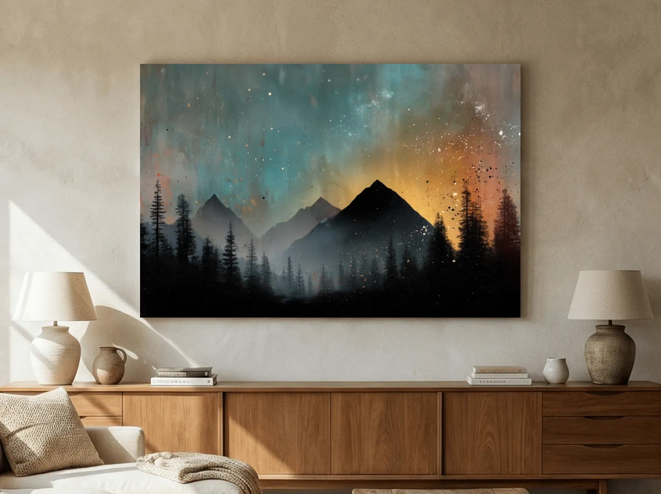 Moody Mountain Sunset Silhouette - Abstract Pine Forest Wall Art