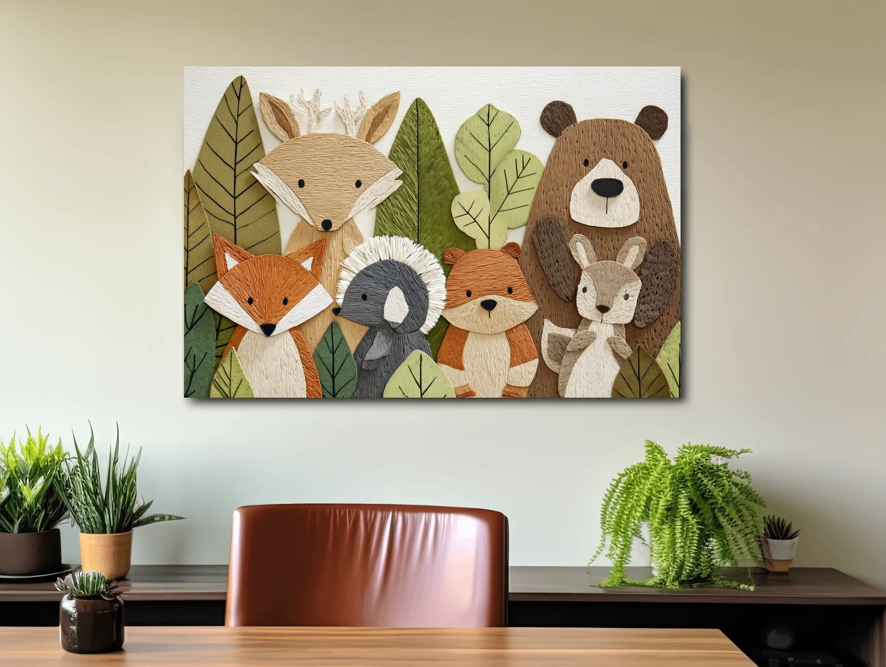 Woodland Animal Nursery Decor - Cute Forest Animals Embroidery Style Wall Art