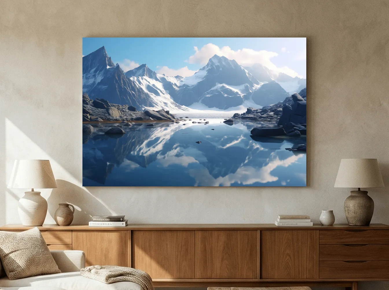 Majestic Snowcapped Mountain Lake Artwork - Serene Alpine Photography Wall Art
