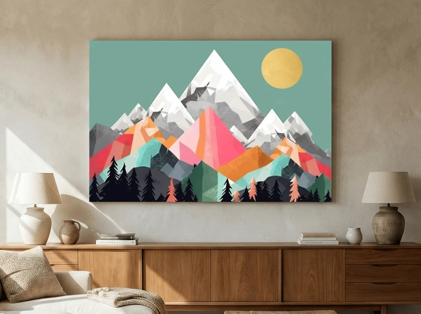 Simple 2D mountain art, colourful mountain ranges