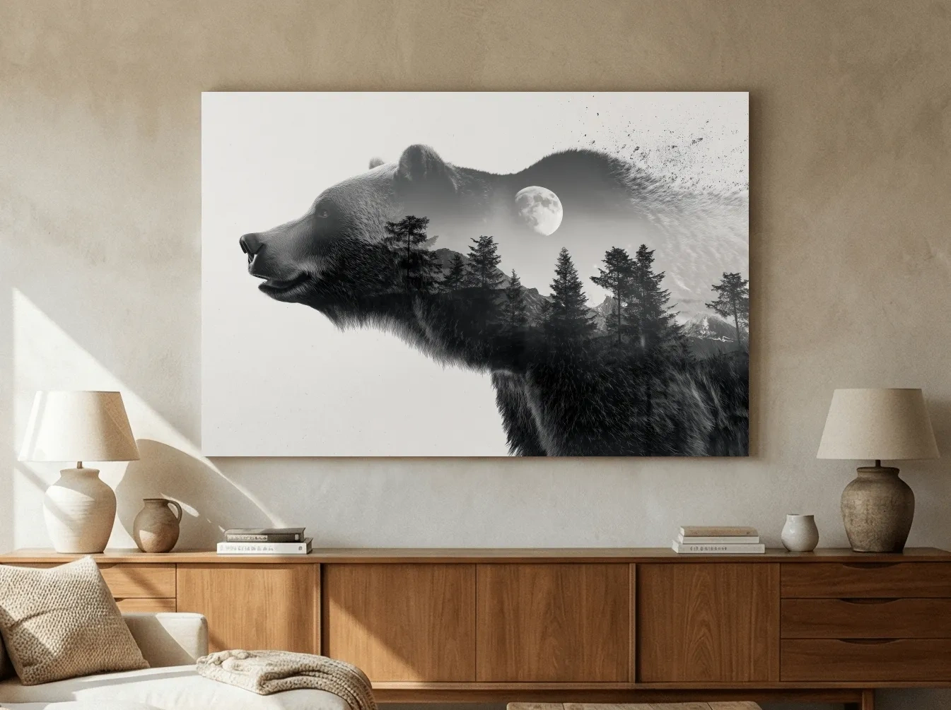 Black And White Grizzly Bear Double Exposure - Moonlit Pine Forest Mountain Wall Art