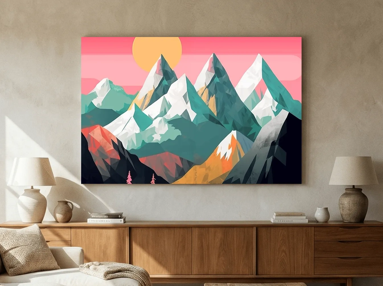 Alpine Mountains Sunrise Illustration - Colorful Landscape Wall Art