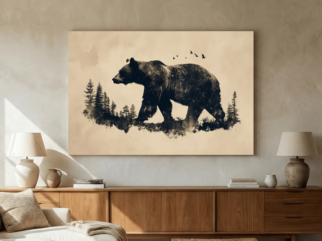 Vintage Grizzly Bear Forest Silhouette - Rustic Wildlife Wall Art