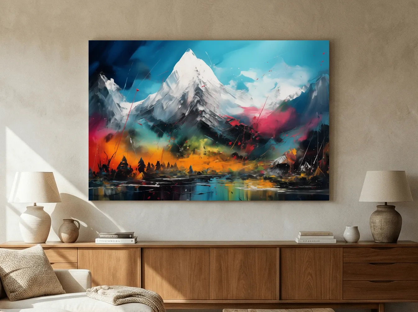 Vibrant Abstract Alpine Mountain Peaks - Colorful Impasto Painting Style Wall Art