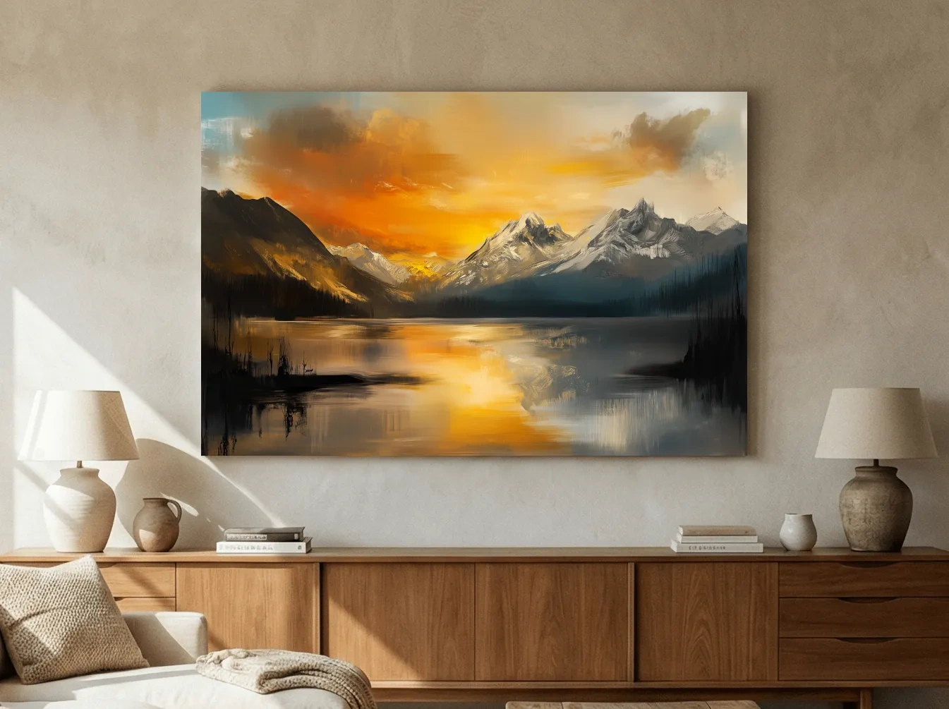 Moody Alpine Mountain Lake Sunset Painting - Oil Painting Style Wall Art