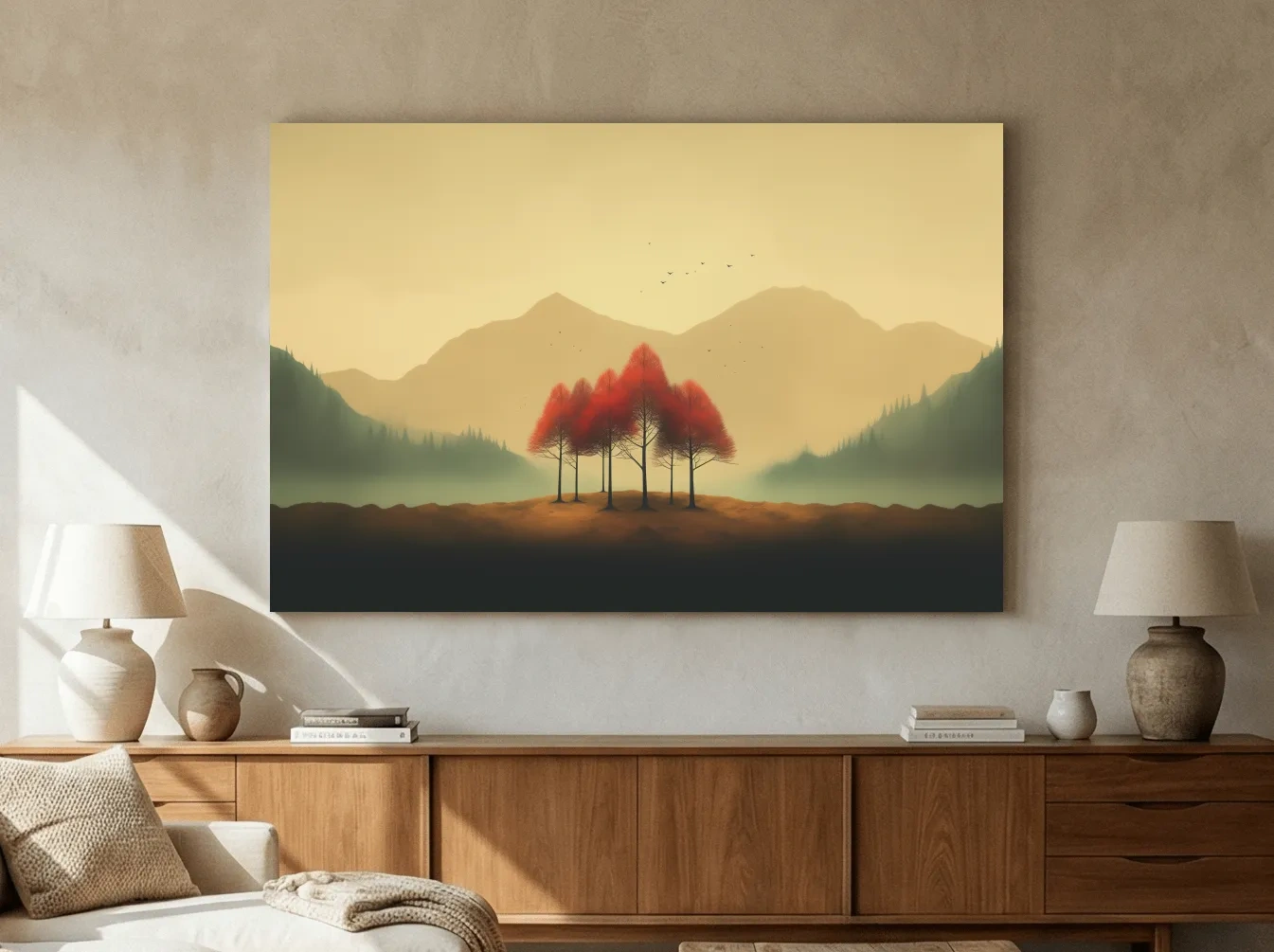 Minimalist Autumn Tree Grove Landscape - Misty Mountain Forest Wall Art