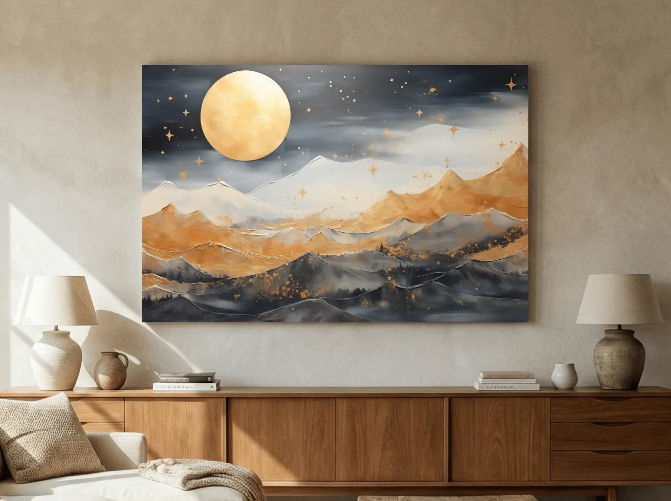 Golden Moonlit Abstract Mountain Landscape - Modern Watercolor Wall Art