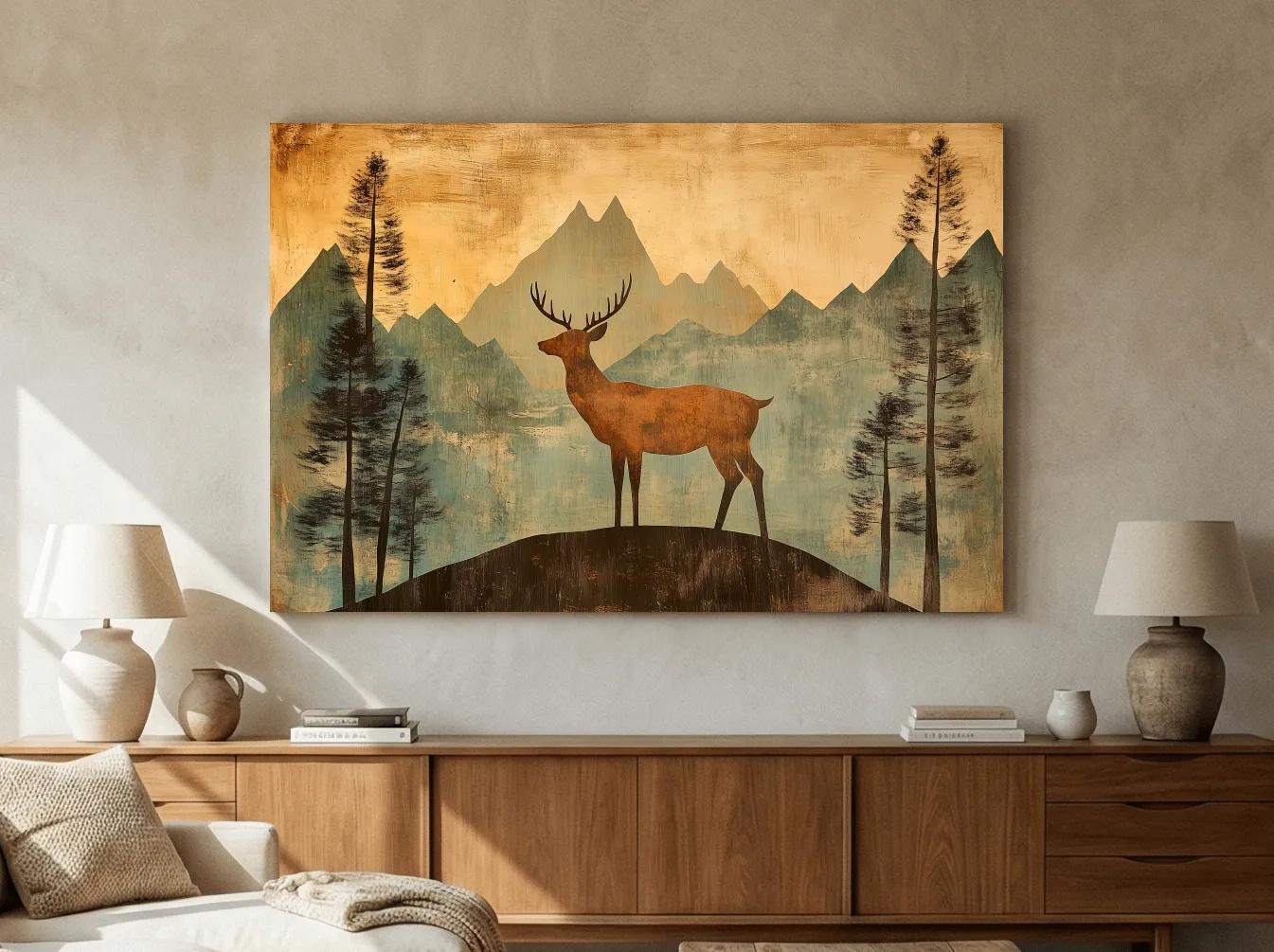 Rustic Deer Silhouette Mountain Landscape - Vintage Woodland Wall Art