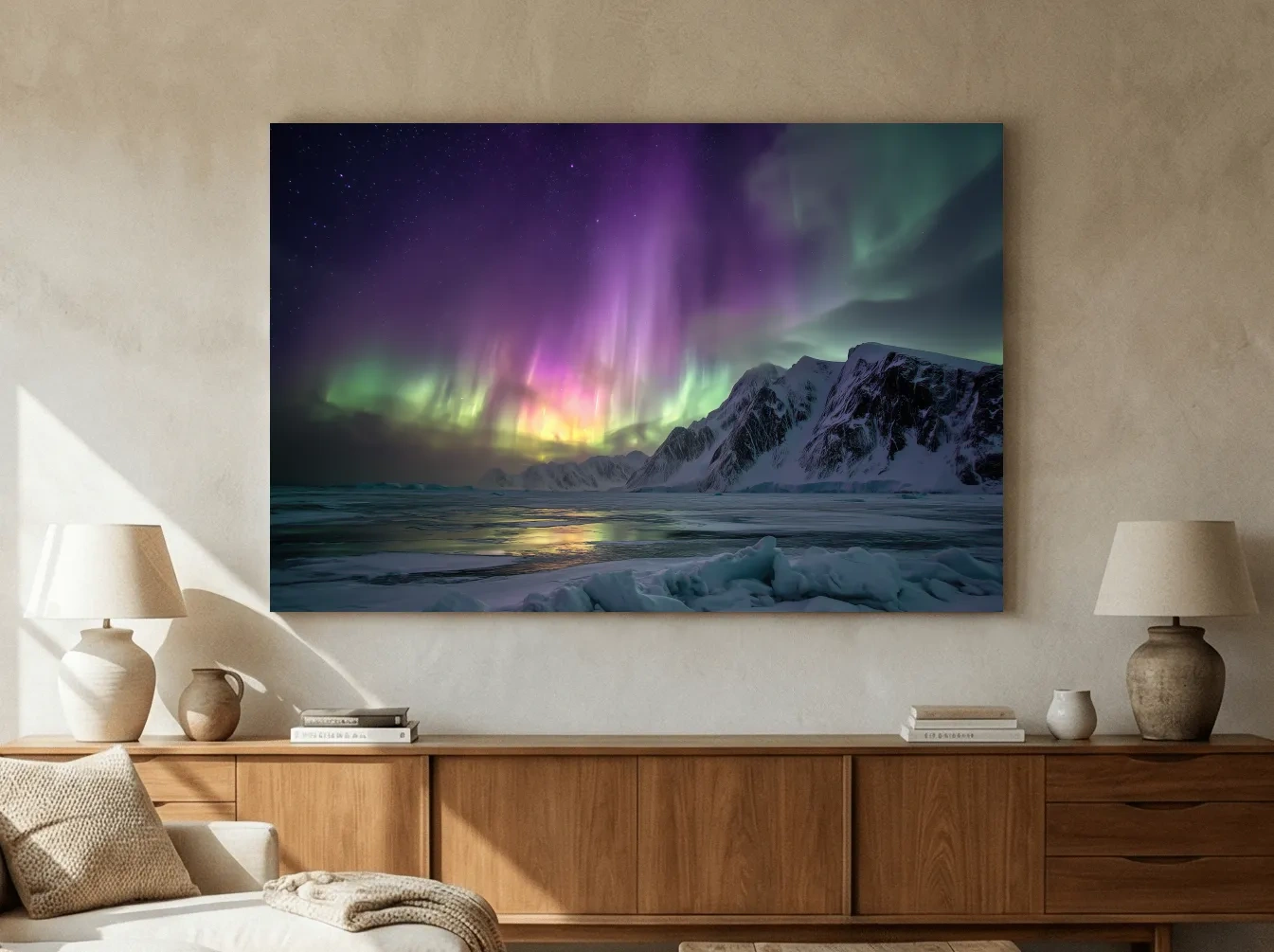 Vibrant Northern Lights Over Snowy Mountains - Aurora Borealis Photographic Night Sky Wall Art