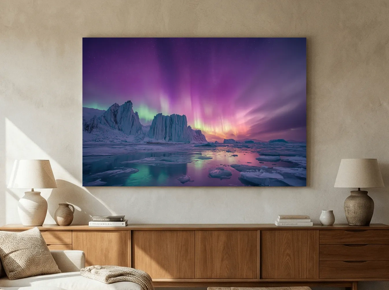 Vibrant Purple Northern Lights Over Arctic Icebergs - Aurora Borealis Landscape Wall Art