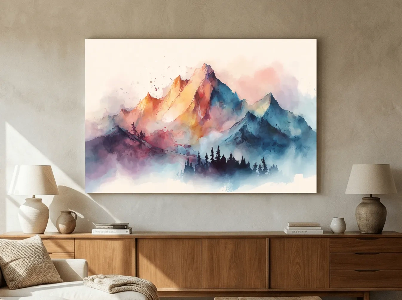 Vibrant Watercolor Mountain Peaks - Colorful Misty Alpine Forest Wall Art