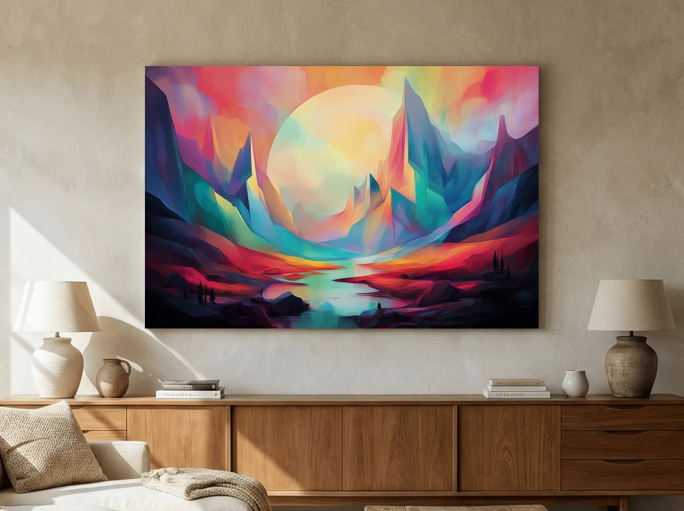 Vibrant Abstract Mountain Valley Sunset - Colorful Surreal Landscape Wall Art