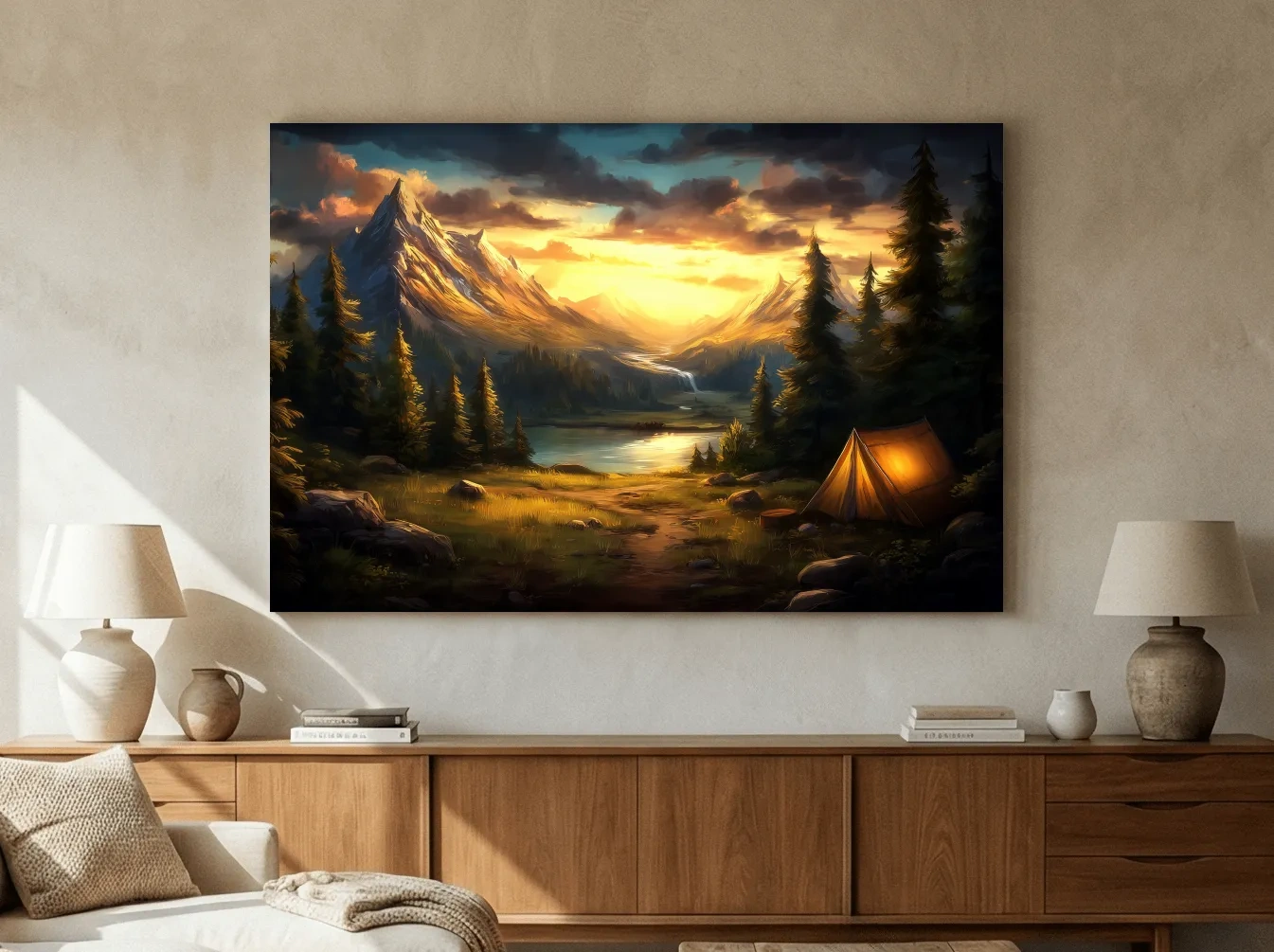 Golden Sunset Alpine Camping Scene Impressionist Painting - Scenic Mountain Wall Art