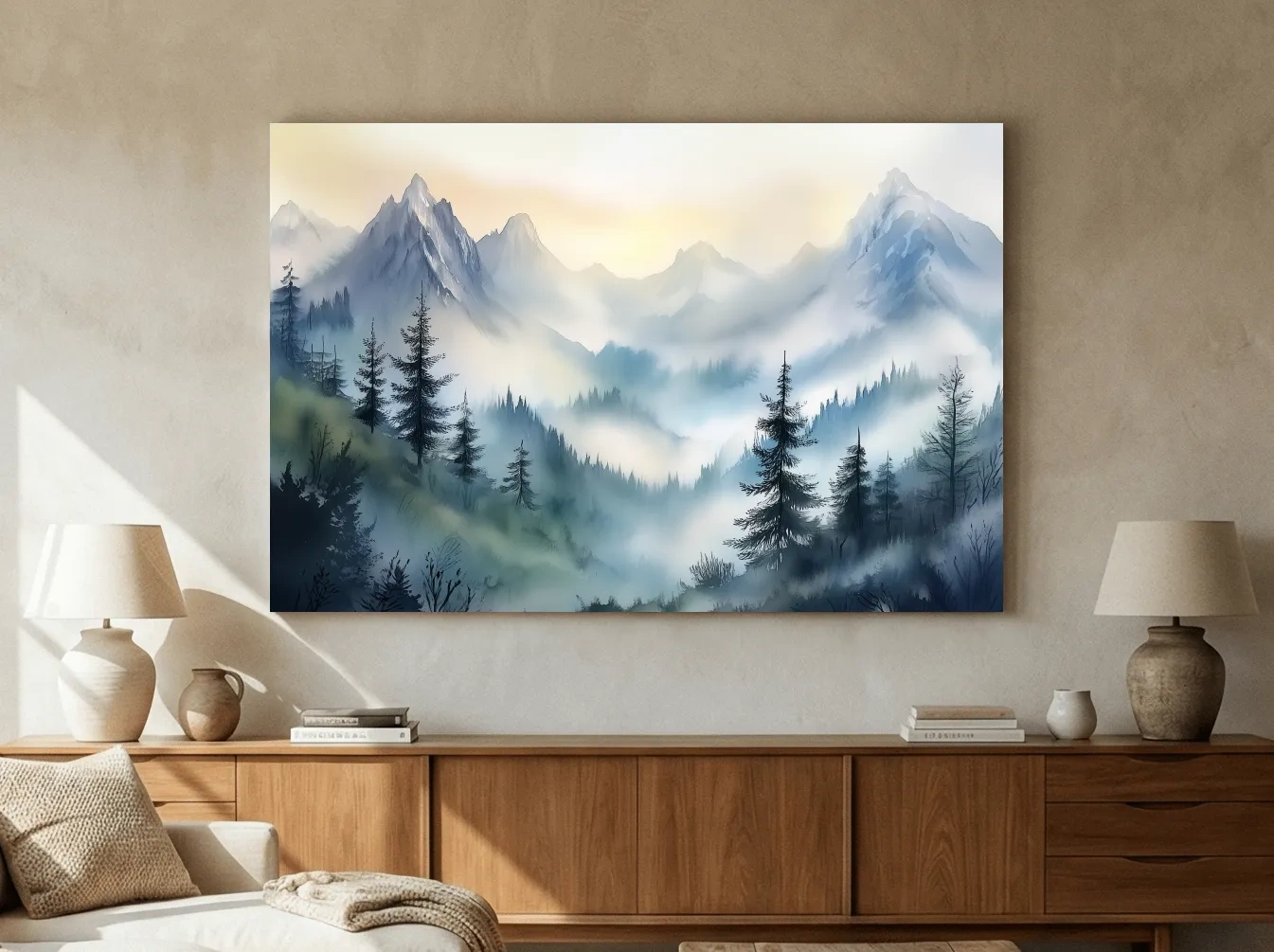 Chinese Ink Wash Watercolor Mountain Peaks - Foggy Alpine Wall Art