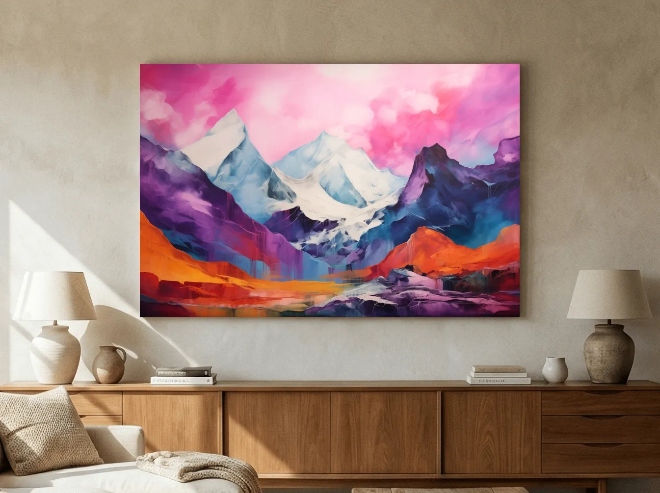 Vibrant Abstract Alpine Mountain Landscape Painting - Colorful Contemporary Wall Art