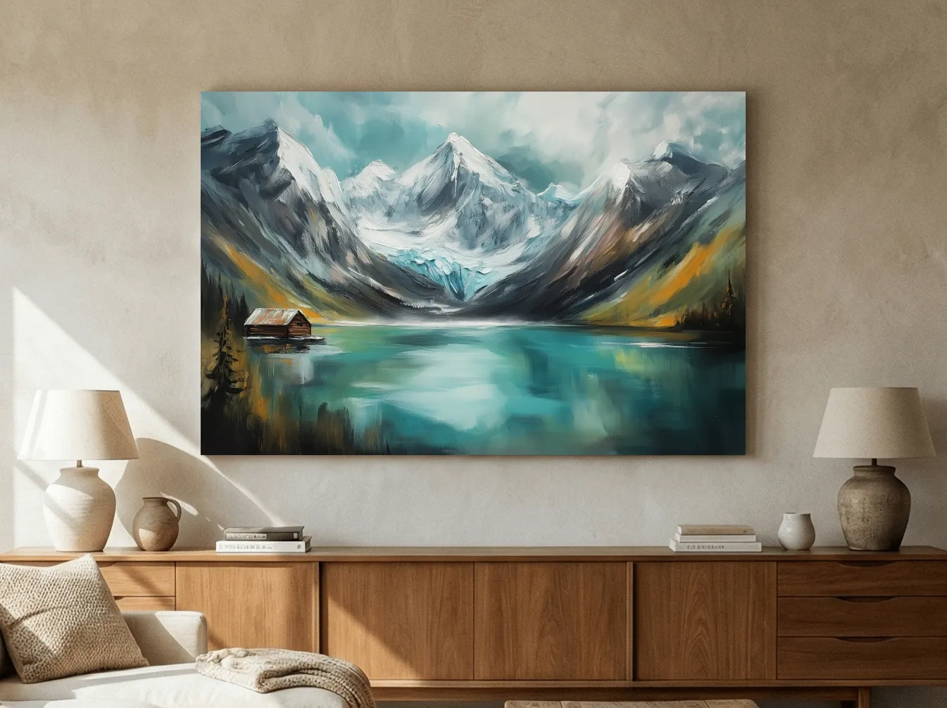 Turquoise Alpine Lake Cabin Painting - Snowy Mountain Landscape Wall Art