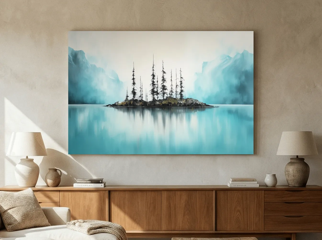 Misty Turquoise Mountain Lake Reflection - Minimalist Watercolor Landscape Wall Art