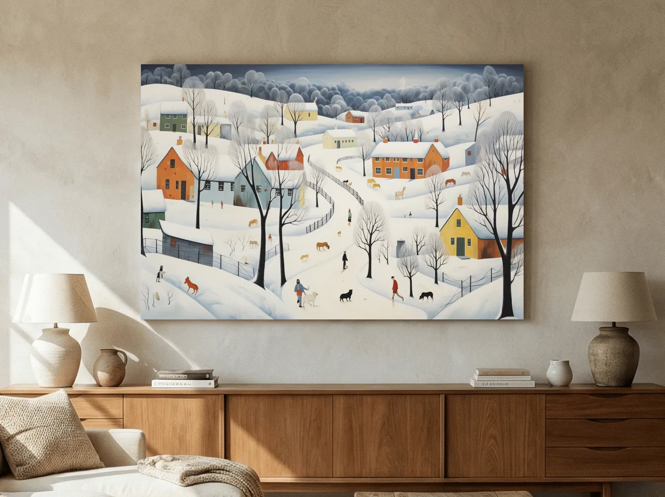 Whimsical Snowy Village Winter Landscape Painting - Folk Art Countryside Wall Art