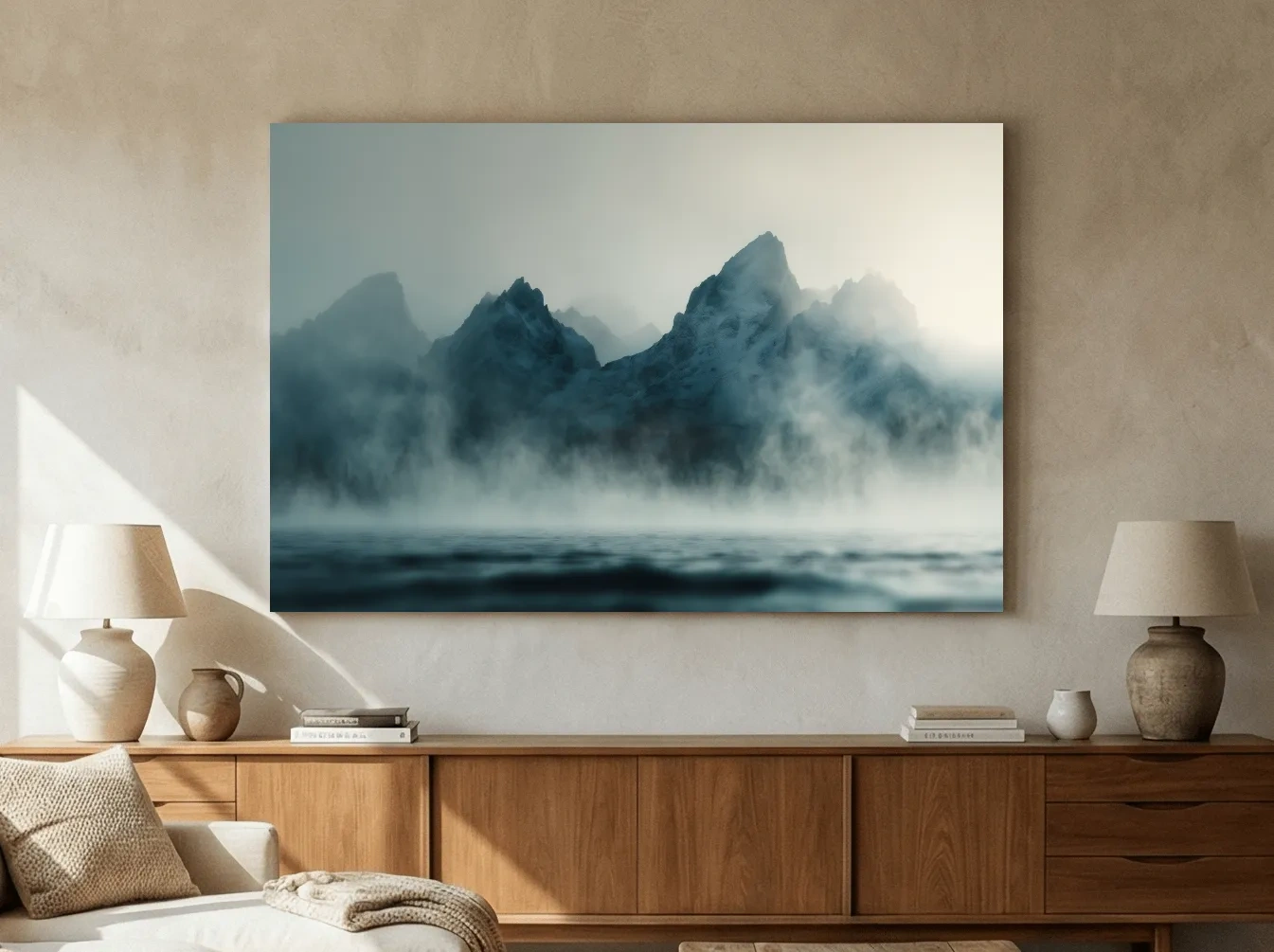 Moody Misty Mountain Peaks Over Water - Atmospheric Monochrome Landscape Wall Art