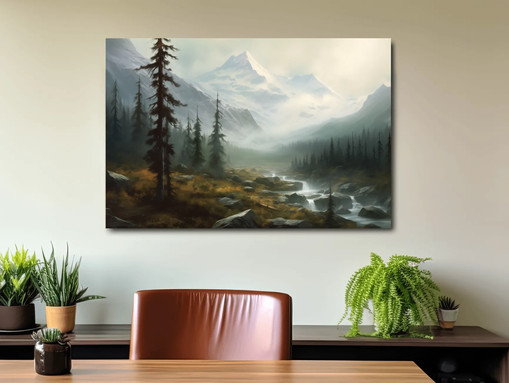 Misty Alpine Mountain Valley Painting - Foggy Evergreen Forest Wall Art